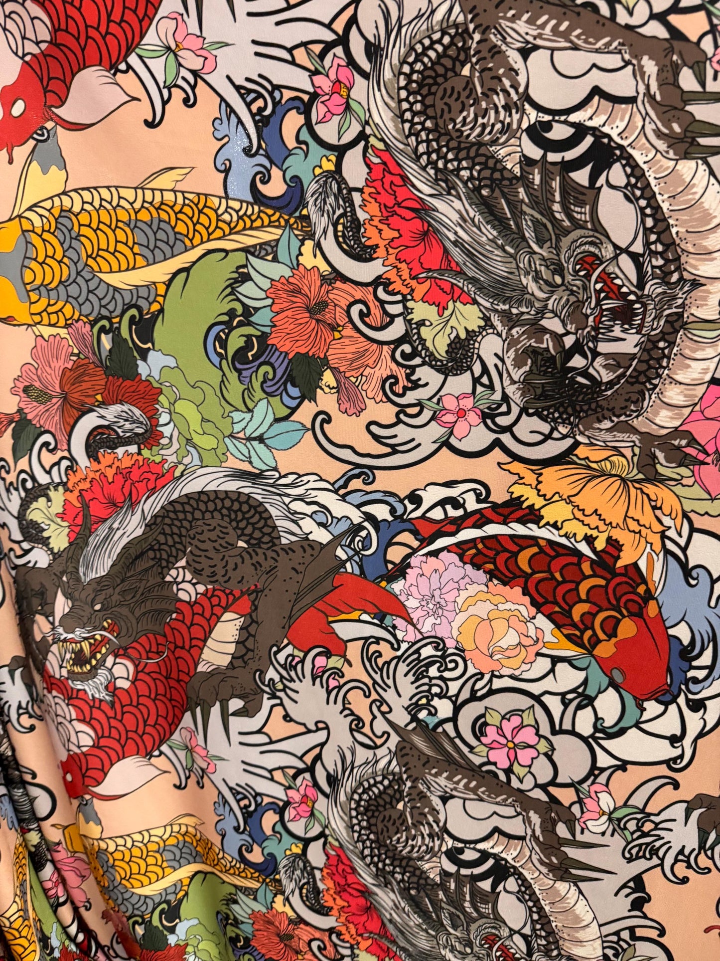 Dragon koi Fish and Flowers design print on poly spandex 4-way stretch 58/60”sold by the YD. ships Worldwide from Los Angeles California USA
