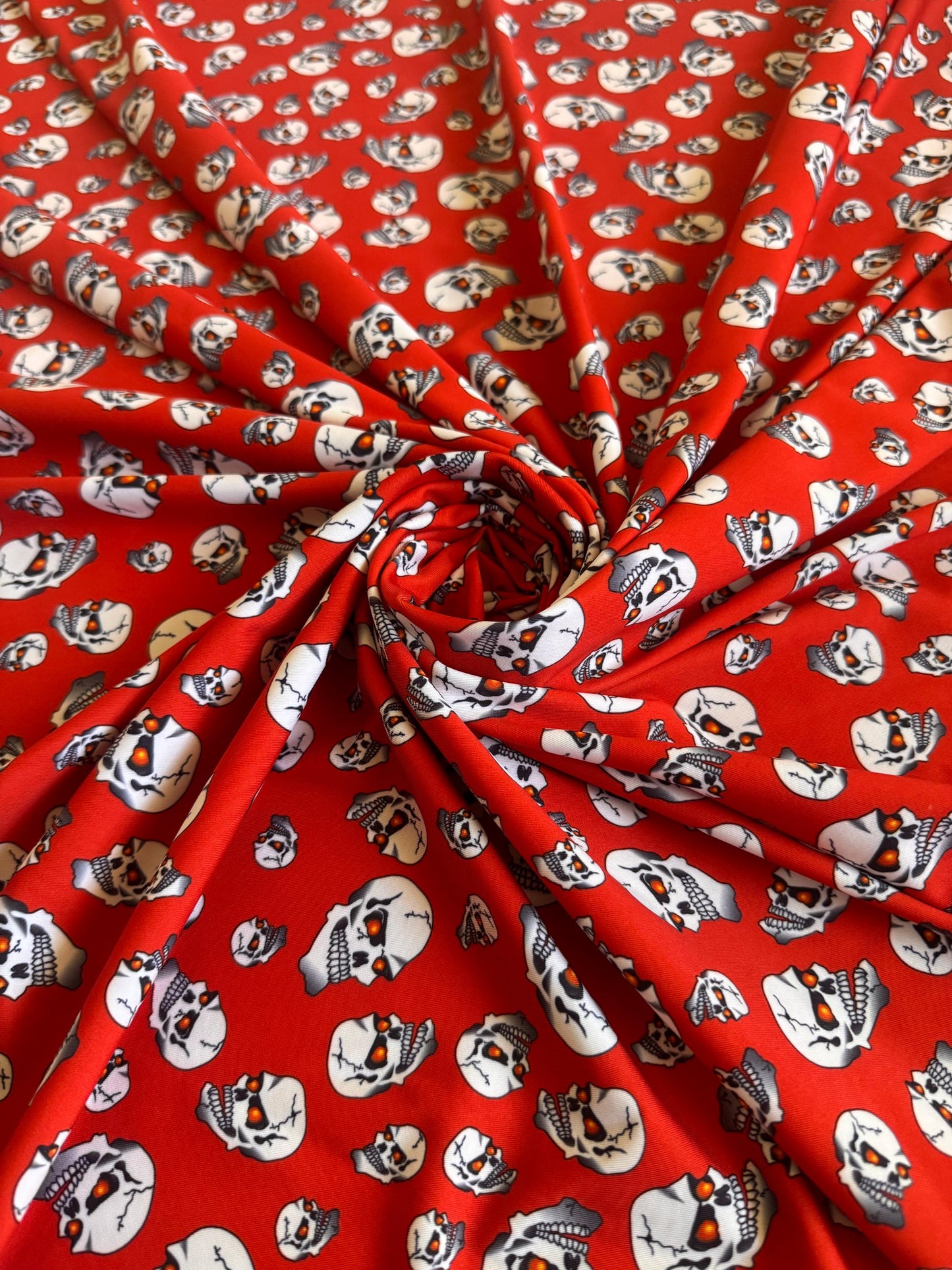 New Halloween Skull design print on the best quality of nylon spandex 4-stretch 58/60”Sold by the YD.Ships worldwide from Los Angeles CA.