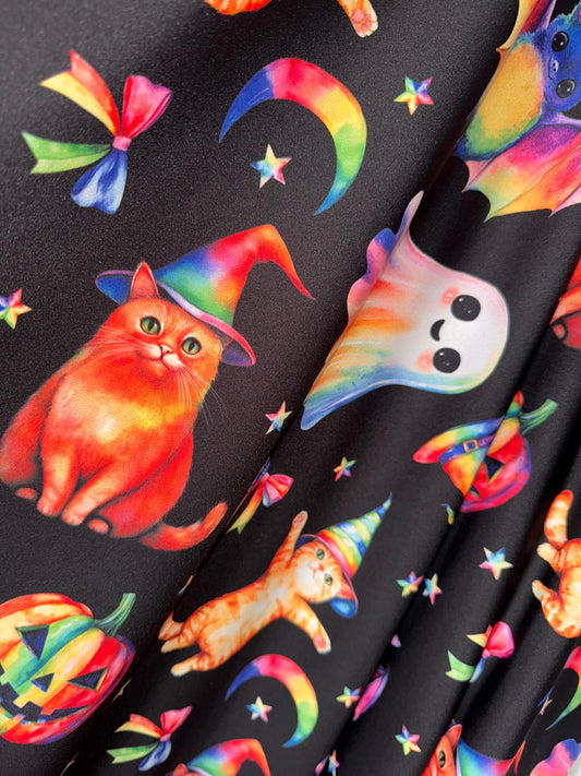 New Spooky season design print on the best quality of nylon spandex 4-stretch 58/60”sold by the YD.ships worldwide from Los Angeles CA