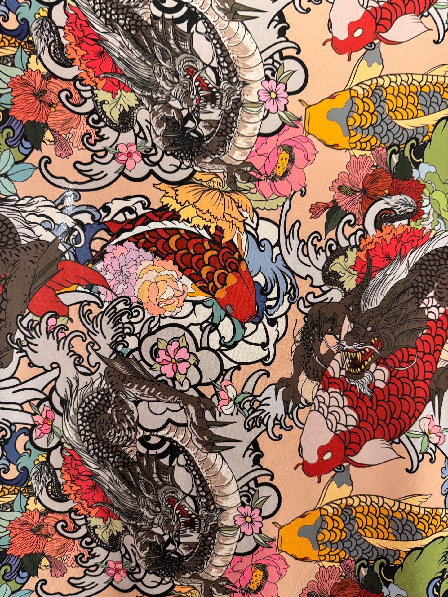 Dragon koi Fish and Flowers design print on poly spandex 4-way stretch 58/60”sold by the YD. ships Worldwide from Los Angeles California USA
