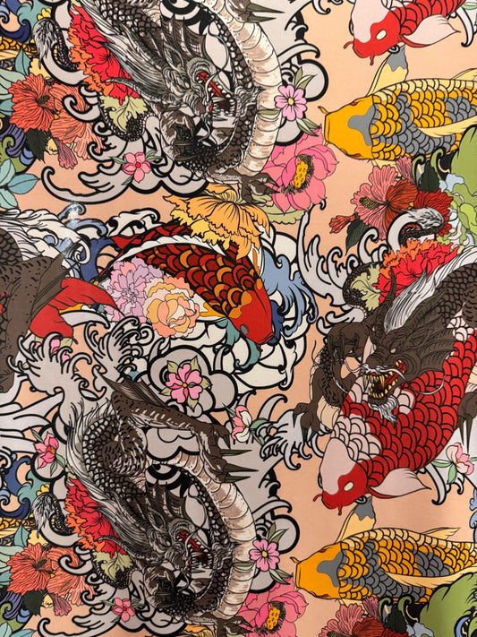 Dragon koi Fish and Flowers design print on poly spandex 4-way stretch 58/60”sold by the YD. ships Worldwide from Los Angeles California USA