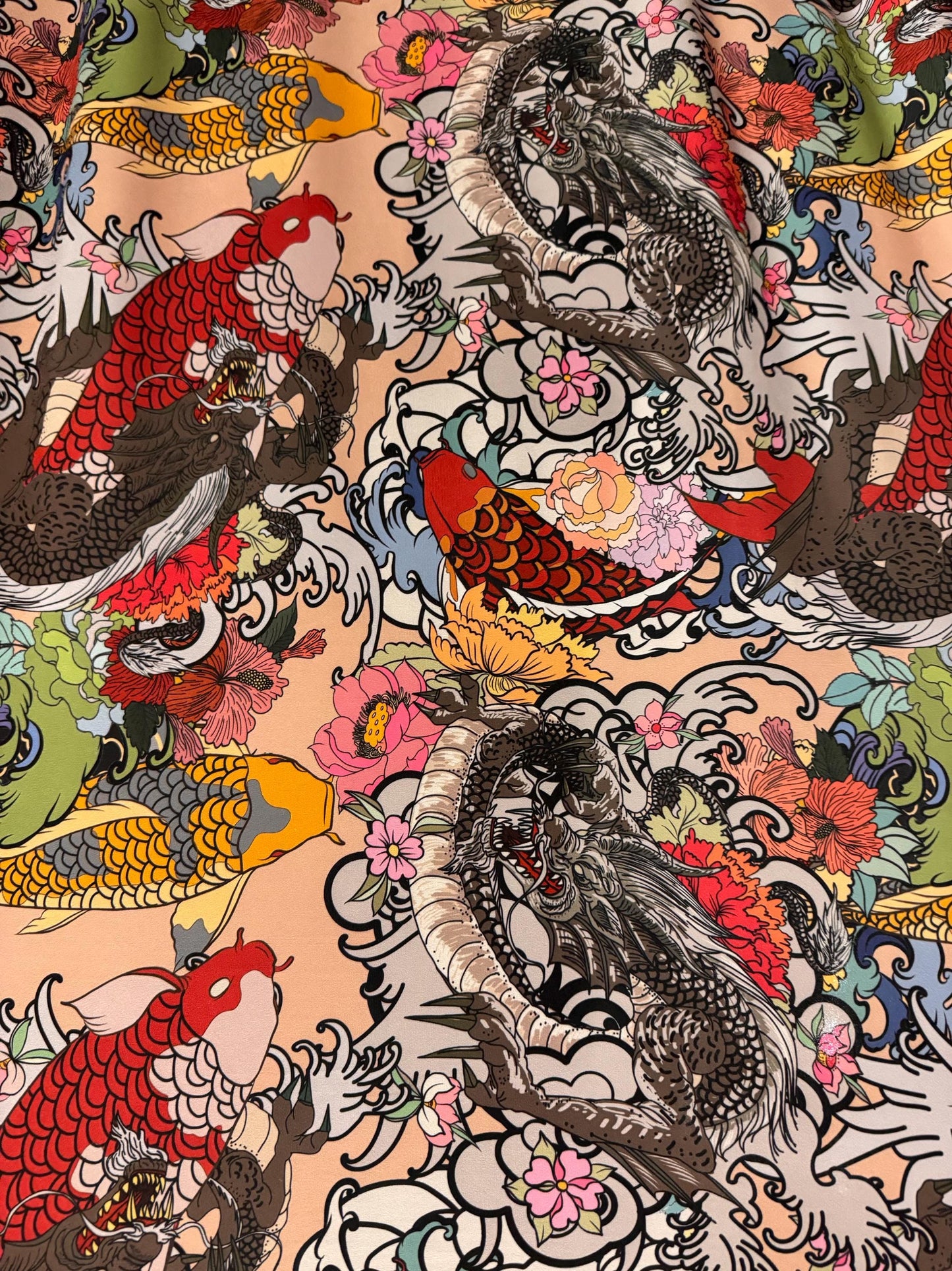 Dragon koi Fish and Flowers design print on poly spandex 4-way stretch 58/60”sold by the YD. ships Worldwide from Los Angeles California USA