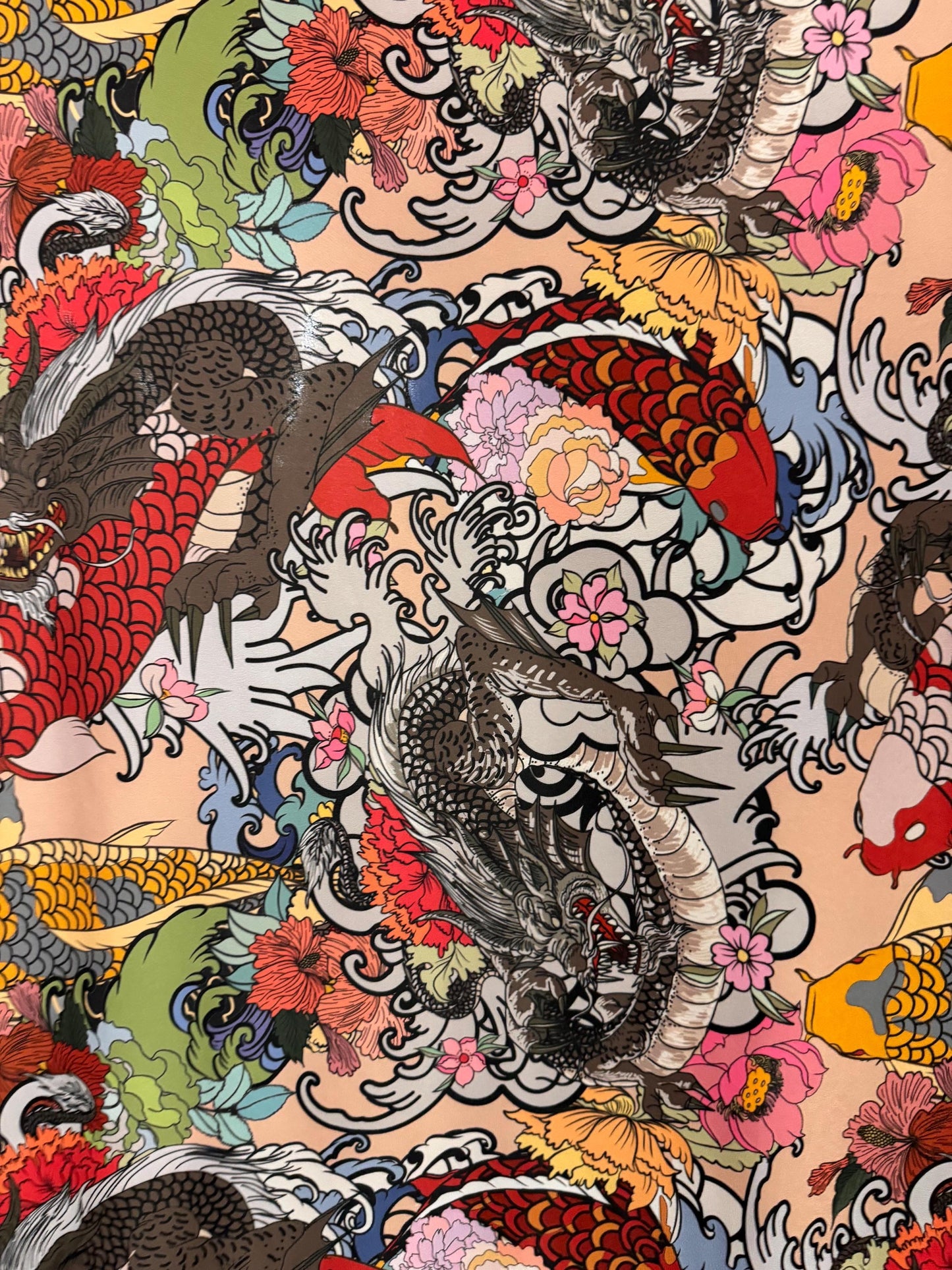 Dragon koi Fish and Flowers design print on poly spandex 4-way stretch 58/60”sold by the YD. ships Worldwide from Los Angeles California USA