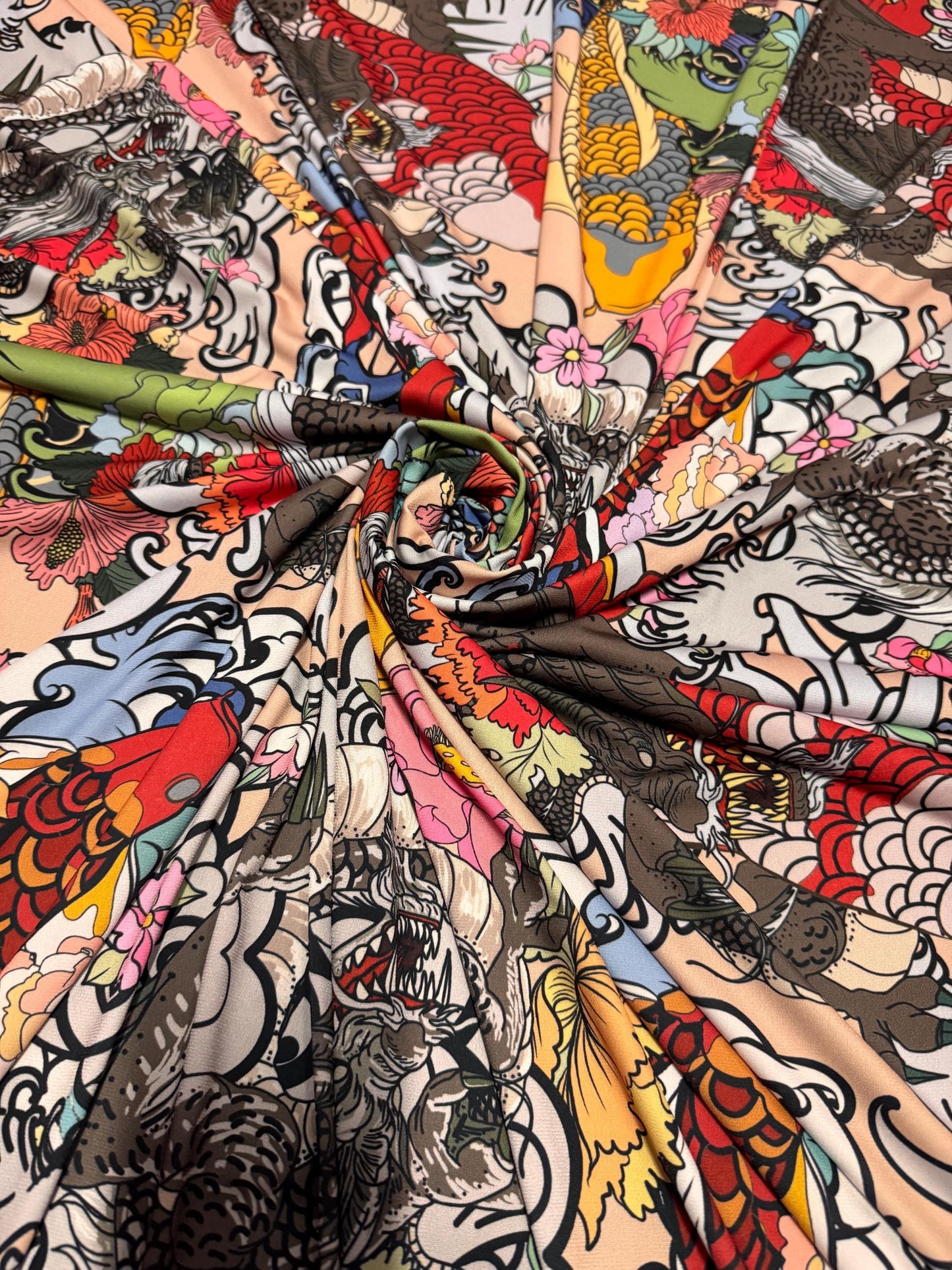 Dragon koi Fish and Flowers design print on poly spandex 4-way stretch 58/60”sold by the YD. ships Worldwide from Los Angeles California USA