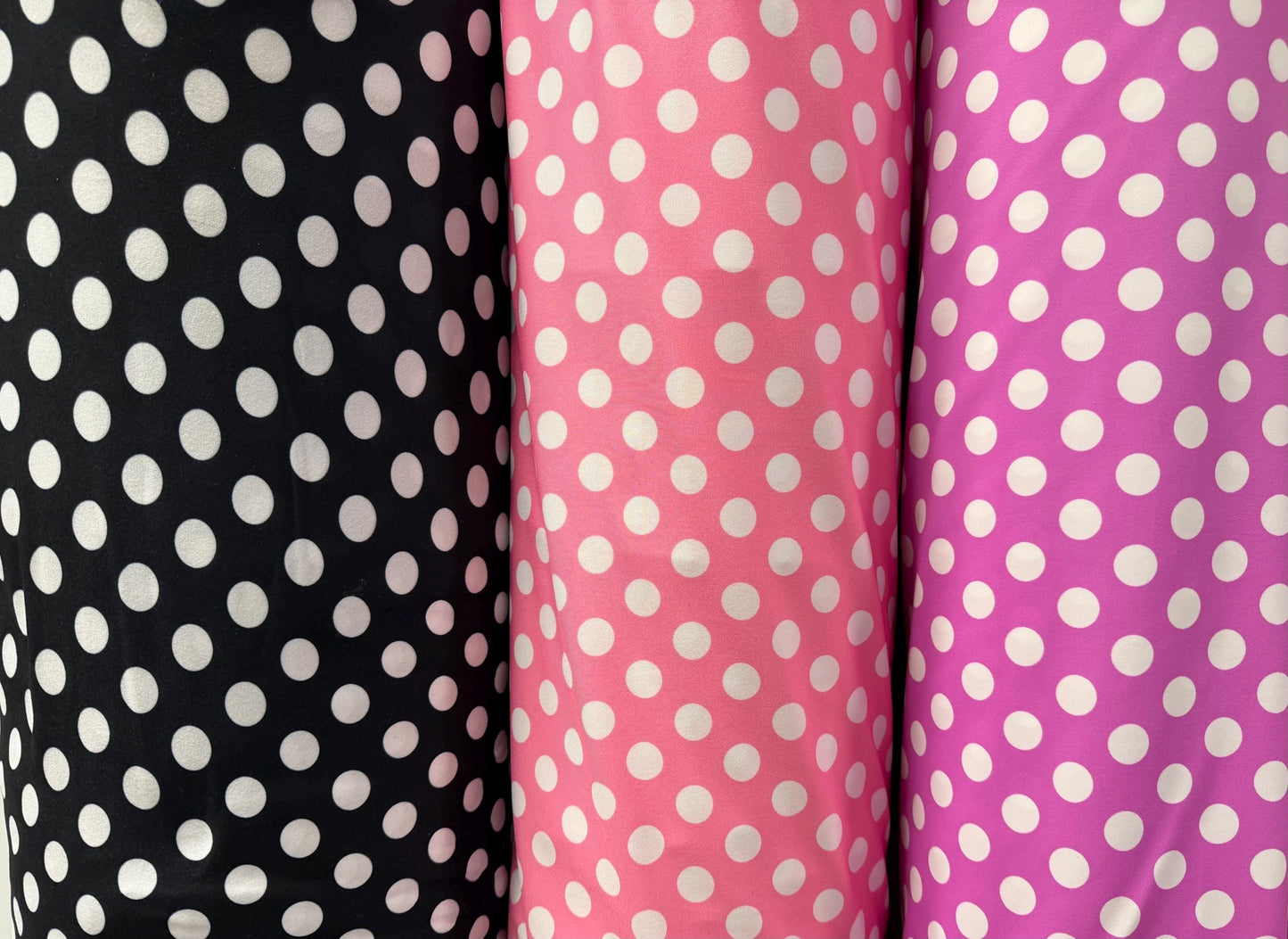 Polka dots pattern design print on poly spandex 4-way stretch 58/60”Sold by the YD. Ships worldwide from Los Angeles California USA