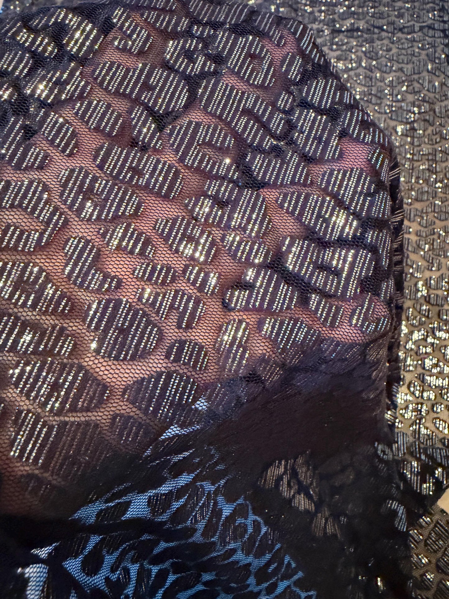 New cheetah pattern design on metallic mesh 2-way stretch 58/60”Sold by the YD.Ships worldwide from LA.