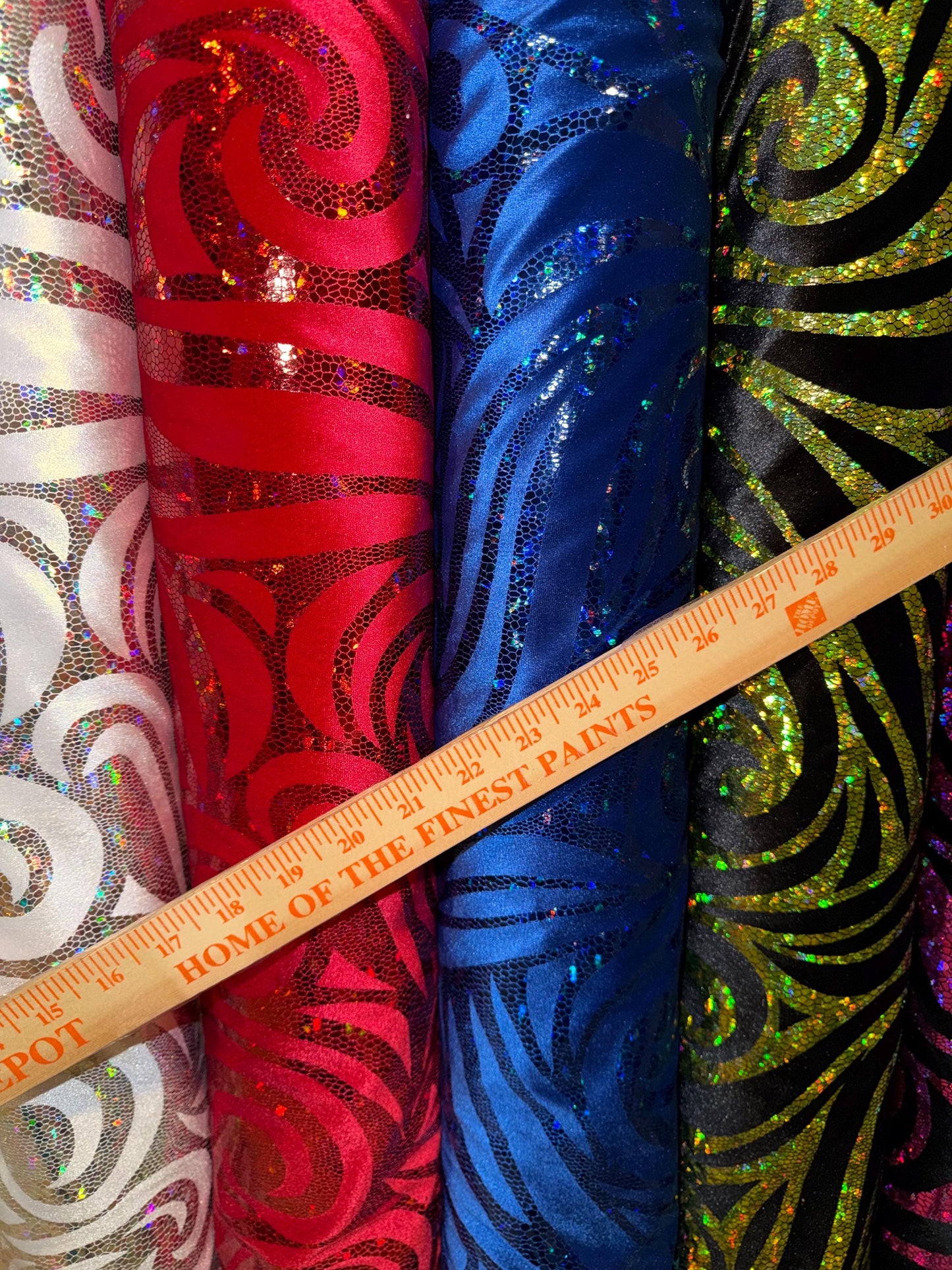 New luxury swirl hologram metallic design on stretch velvet 4-way stretch 58/60”sold by the YD. Ships worldwide from Los Angeles California