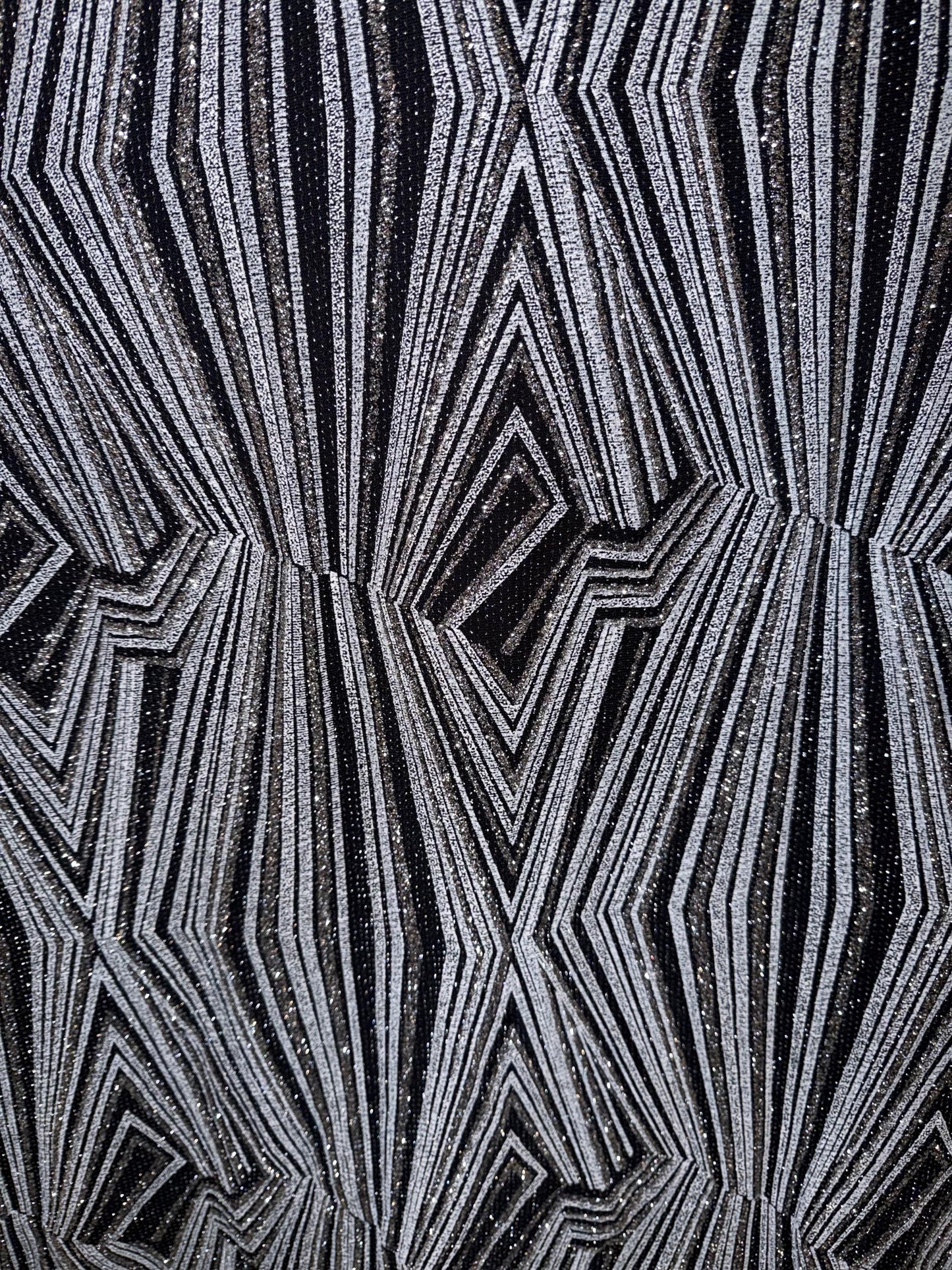 New Geometric diamond design slinky with glitter poly spandex 4-way stretch 58/60”sold by the YD. Ships worldwide from Los Angeles CA