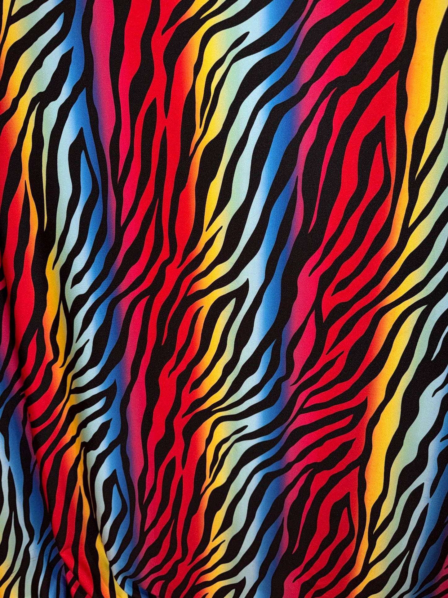 New zebra rainbow design print on the best quality of nylon spandex 4-way stretch 58/60”sold by the YD.ships worldwide from Los Angeles
