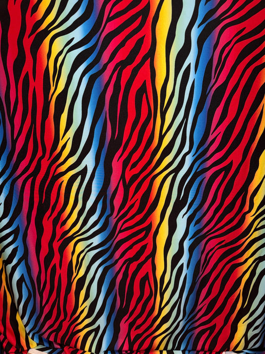 New zebra rainbow design print on the best quality of nylon spandex 4-way stretch 58/60”sold by the YD.ships worldwide from Los Angeles