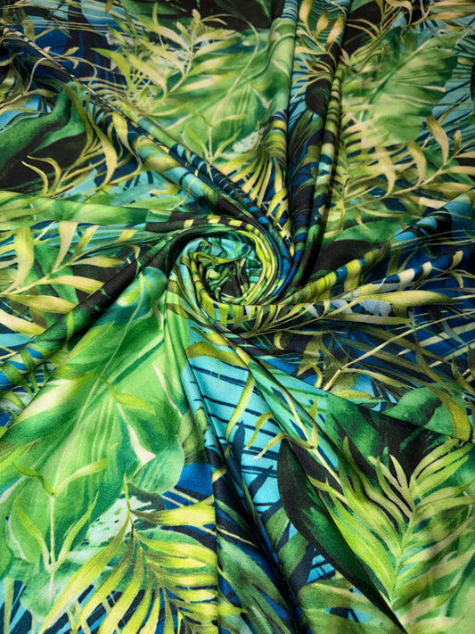 New Tropical leaves pattern design print on the best quality nylon spandex 4-stretch 58/60”sold by the YD.ships worldwide from Los Angeles