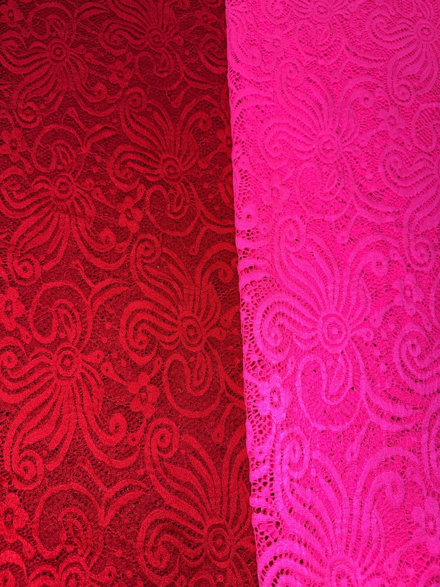 New Bella red lace design 4-way stretch 58/60”sold by the YD.ships worldwide from Los Angeles California USA.