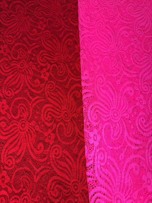 New Bella red lace design 4-way stretch 58/60”sold by the YD.ships worldwide from Los Angeles California USA.