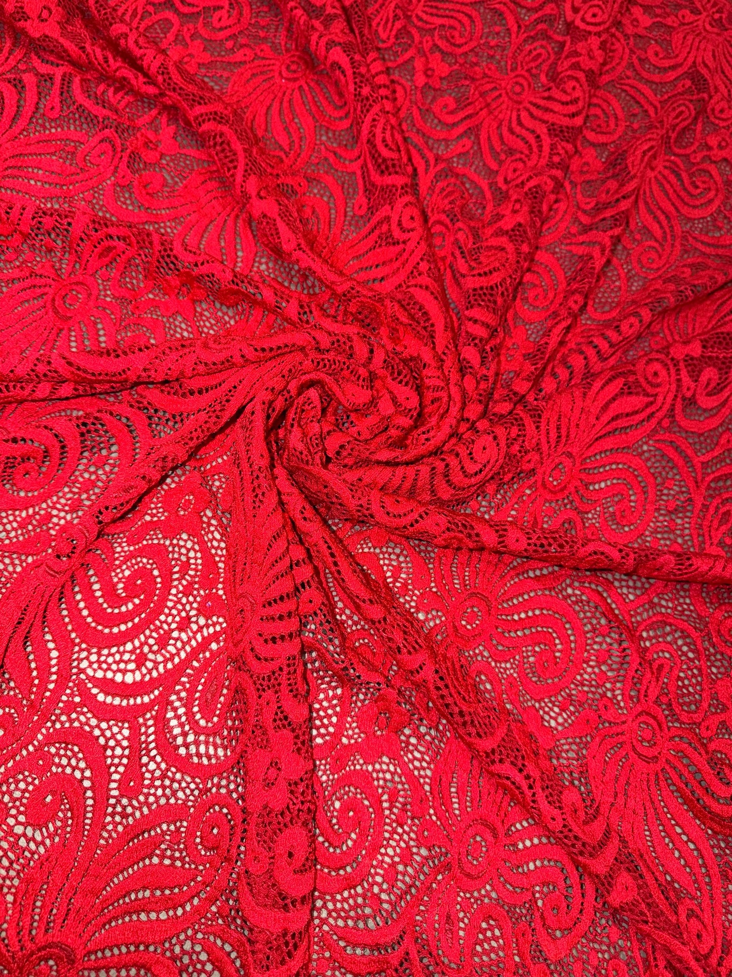 New Bella red lace design 4-way stretch 58/60”sold by the YD.ships worldwide from Los Angeles California USA.