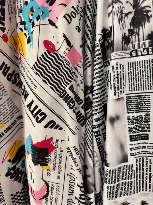 Retro Newspaper pattern design print on poly spandex 4-way stretch 58/60”Sold by the YD. Ships worldwide from Los Angeles California USA