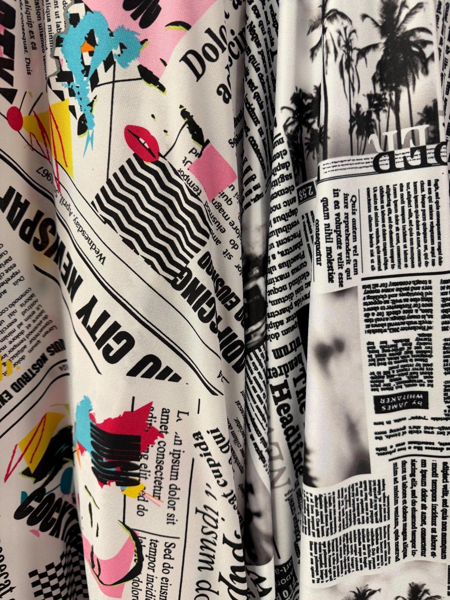 Retro Newspaper pattern design print on poly spandex 4-way stretch 58/60”Sold by the YD. Ships worldwide from Los Angeles California USA