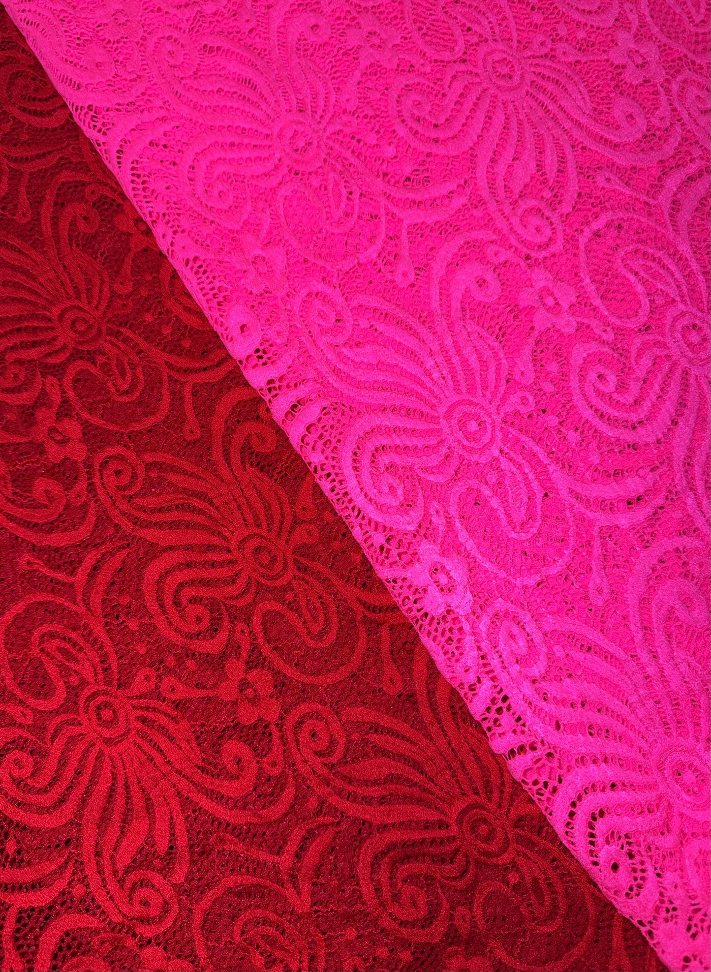 New Bella red lace design 4-way stretch 58/60”sold by the YD.ships worldwide from Los Angeles California USA.