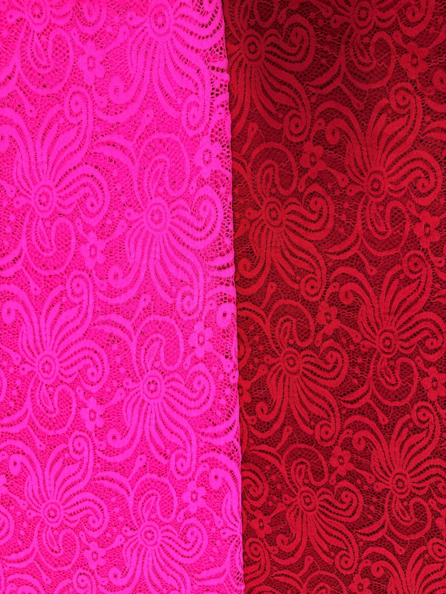 New Bella red lace design 4-way stretch 58/60”sold by the YD.ships worldwide from Los Angeles California USA.