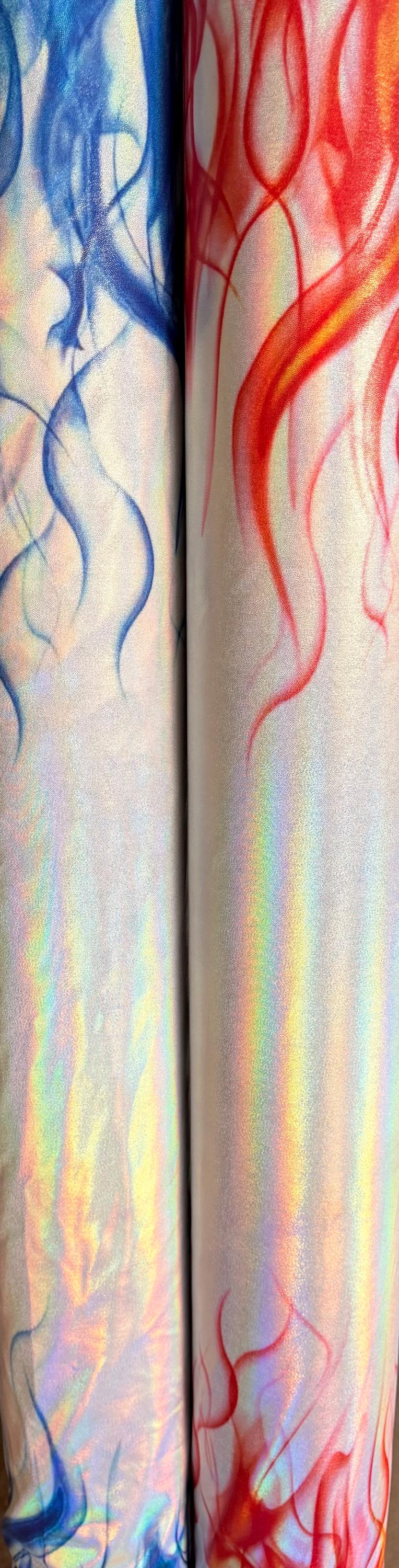 New Modern flames design print on lacer hologram metallic nylon spandex 4-way stretch 58/60”sold by the YD.Ships worldwide from Los Angeles