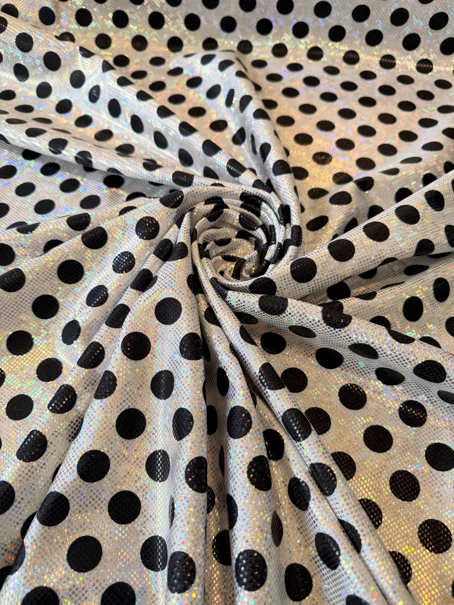 New polka dots pattern design print on shattered glass holograma metallic nylon spandex 4way stretch 58/60”Sold by the YD.