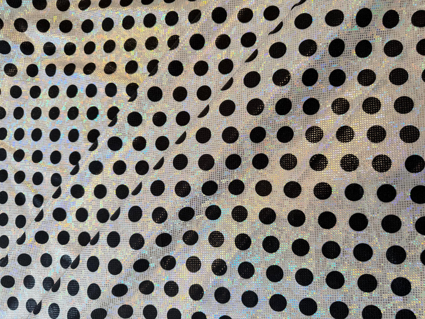 New polka dots pattern design print on shattered glass holograma metallic nylon spandex 4way stretch 58/60”Sold by the YD.