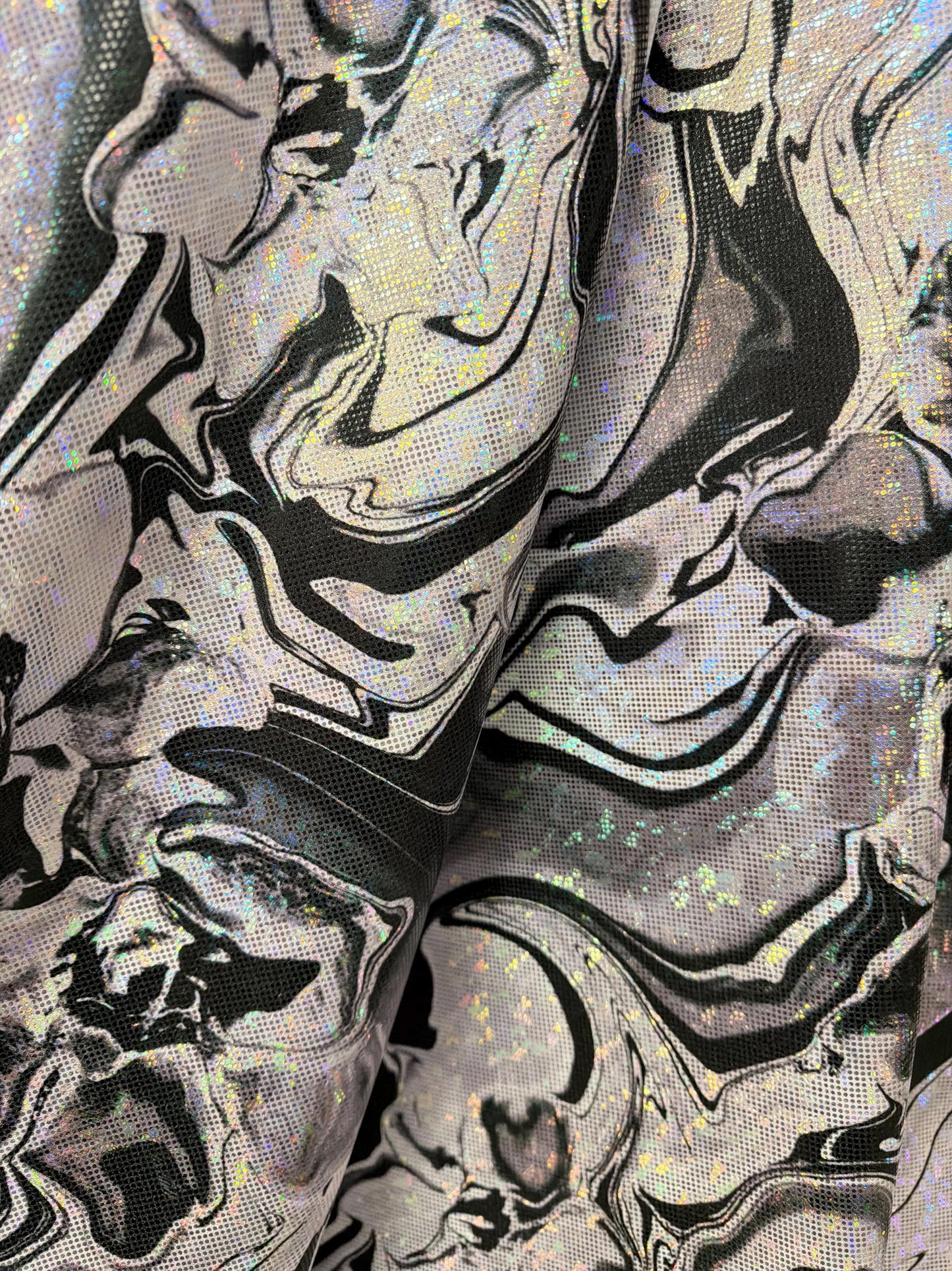 New Abstract pattern design on shattered glass hologram metallic nylon spandex 4way stretch 58/60”Sold by the YD.Ships worldwide from