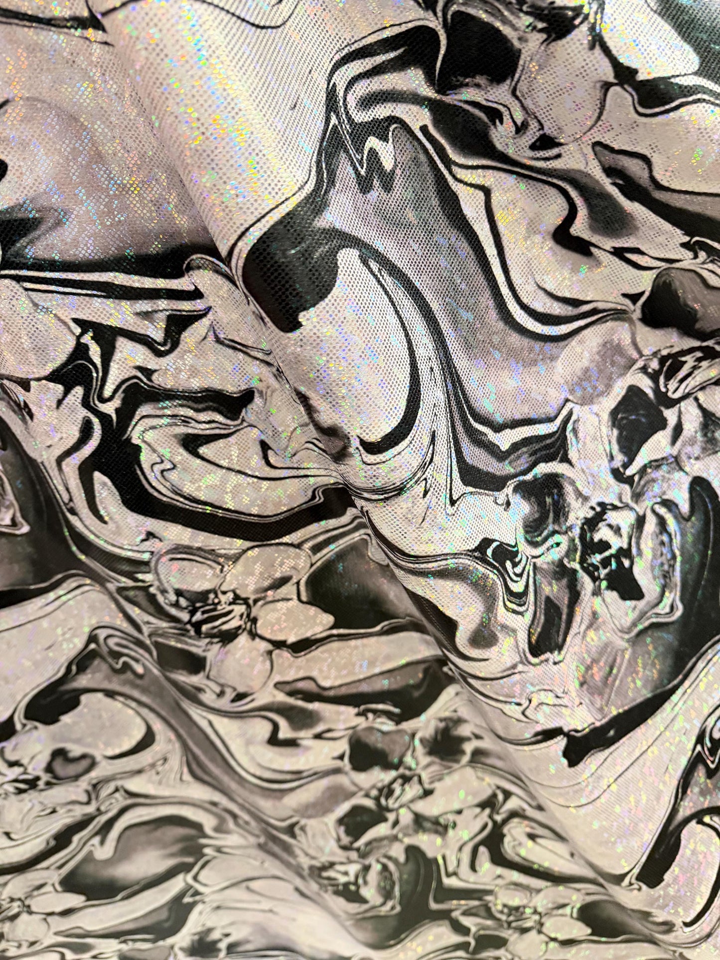 New Abstract pattern design on shattered glass hologram metallic nylon spandex 4way stretch 58/60”Sold by the YD.Ships worldwide from