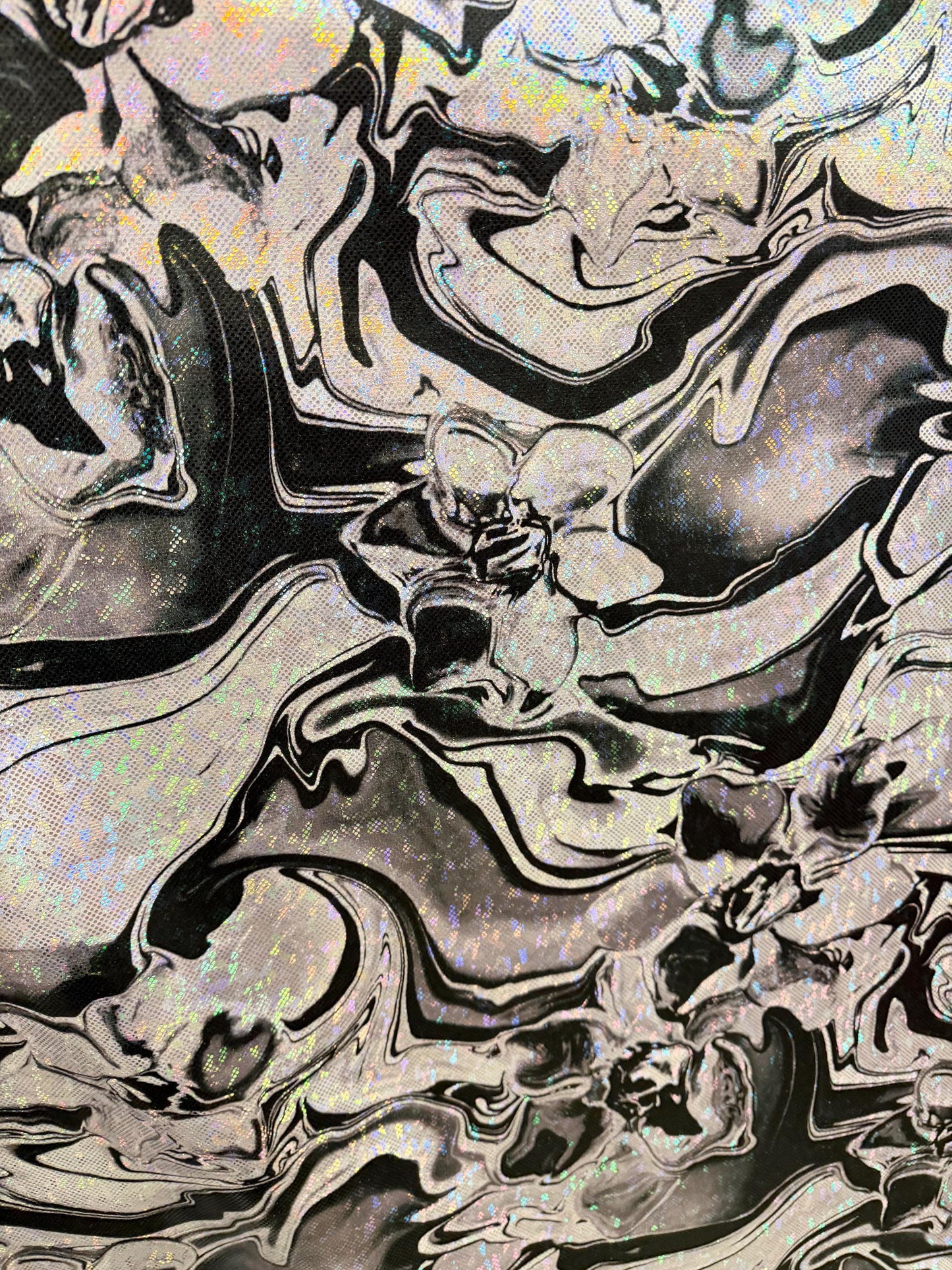 New Abstract pattern design on shattered glass hologram metallic nylon spandex 4way stretch 58/60”Sold by the YD.Ships worldwide from