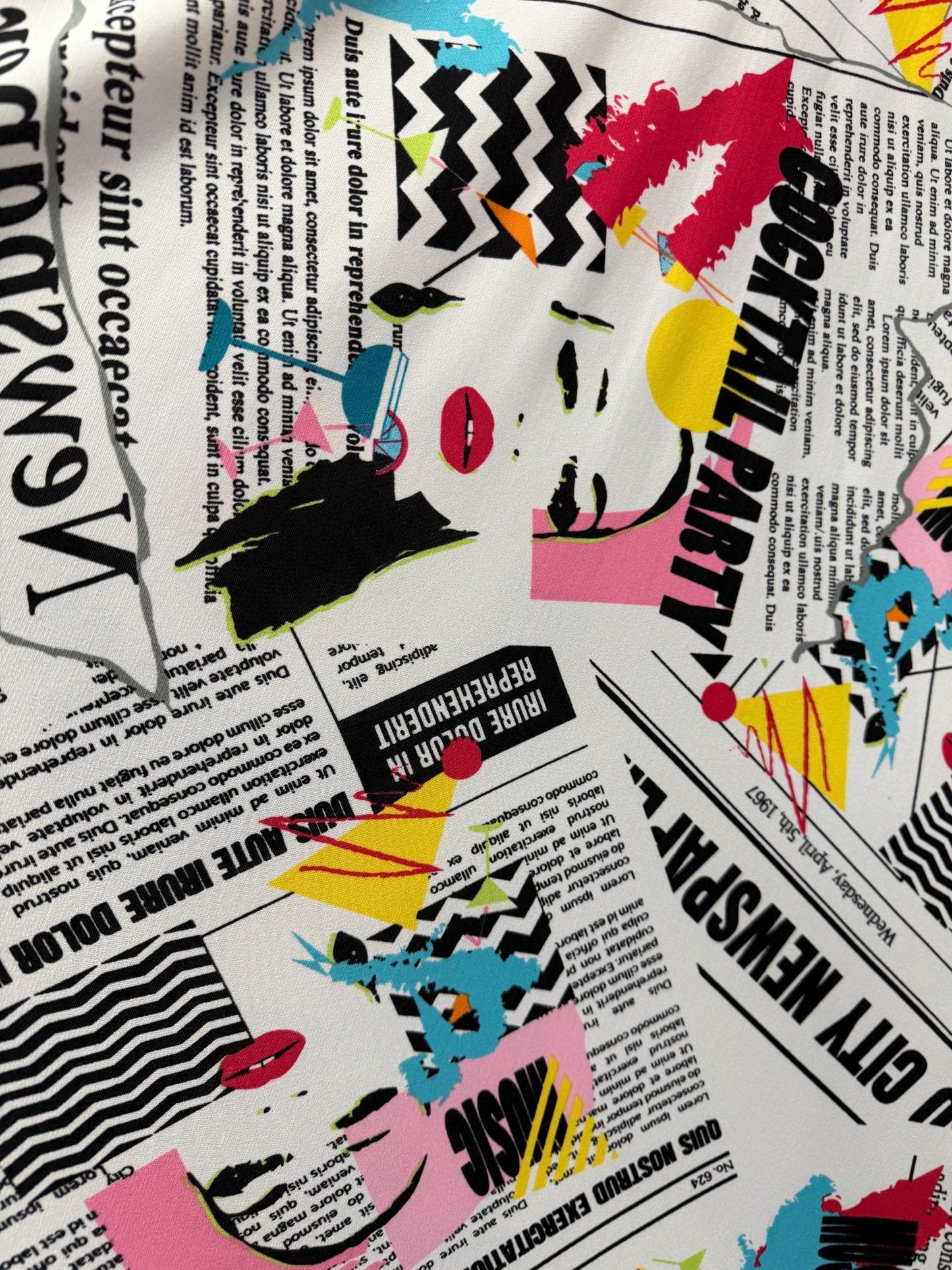 Retro Newspaper pattern design print on poly spandex 4-way stretch 58/60”Sold by the YD. Ships worldwide from Los Angeles California USA