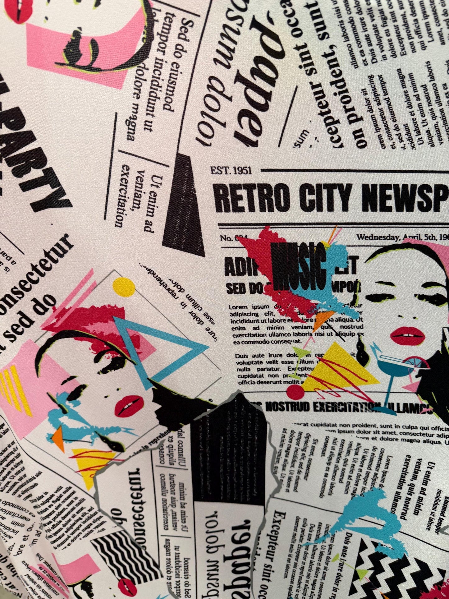 Retro Newspaper pattern design print on poly spandex 4-way stretch 58/60”Sold by the YD. Ships worldwide from Los Angeles California USA
