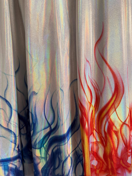 New Modern flames design print on lacer hologram metallic nylon spandex 4-way stretch 58/60”sold by the YD.Ships worldwide from Los Angeles