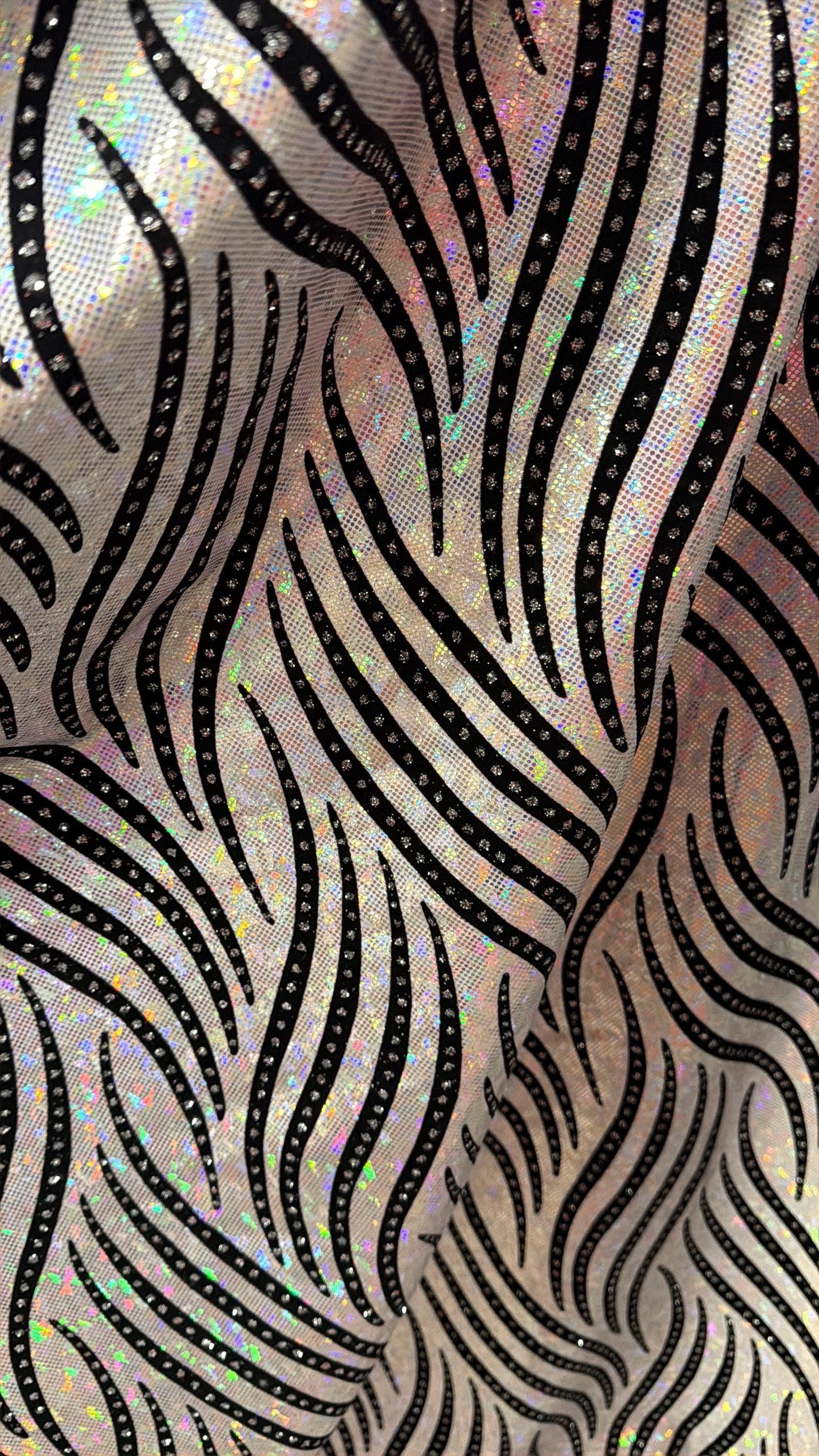 Zebra pattern design hologram shattered glass with flocking metallic nylon spandex 4-stretch58/60”sold by the YD.Ships Worldwide from LA.