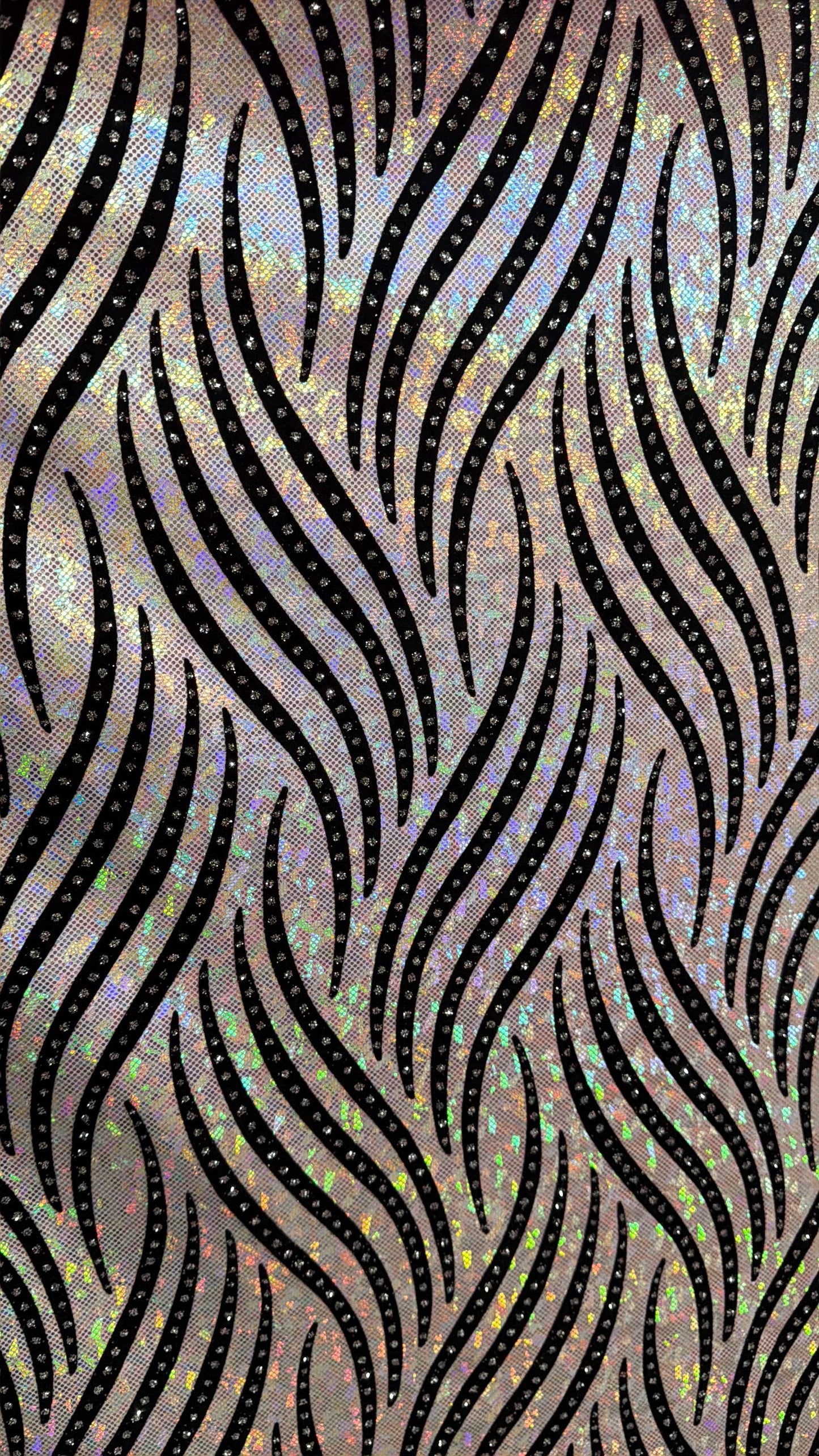 Zebra pattern design hologram shattered glass with flocking metallic nylon spandex 4-stretch58/60”sold by the YD.Ships Worldwide from LA.