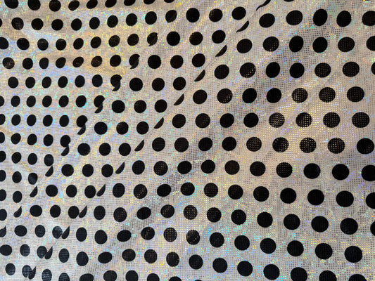 New polka dots pattern design print on shattered glass holograma metallic nylon spandex 4way stretch 58/60”Sold by the YD.