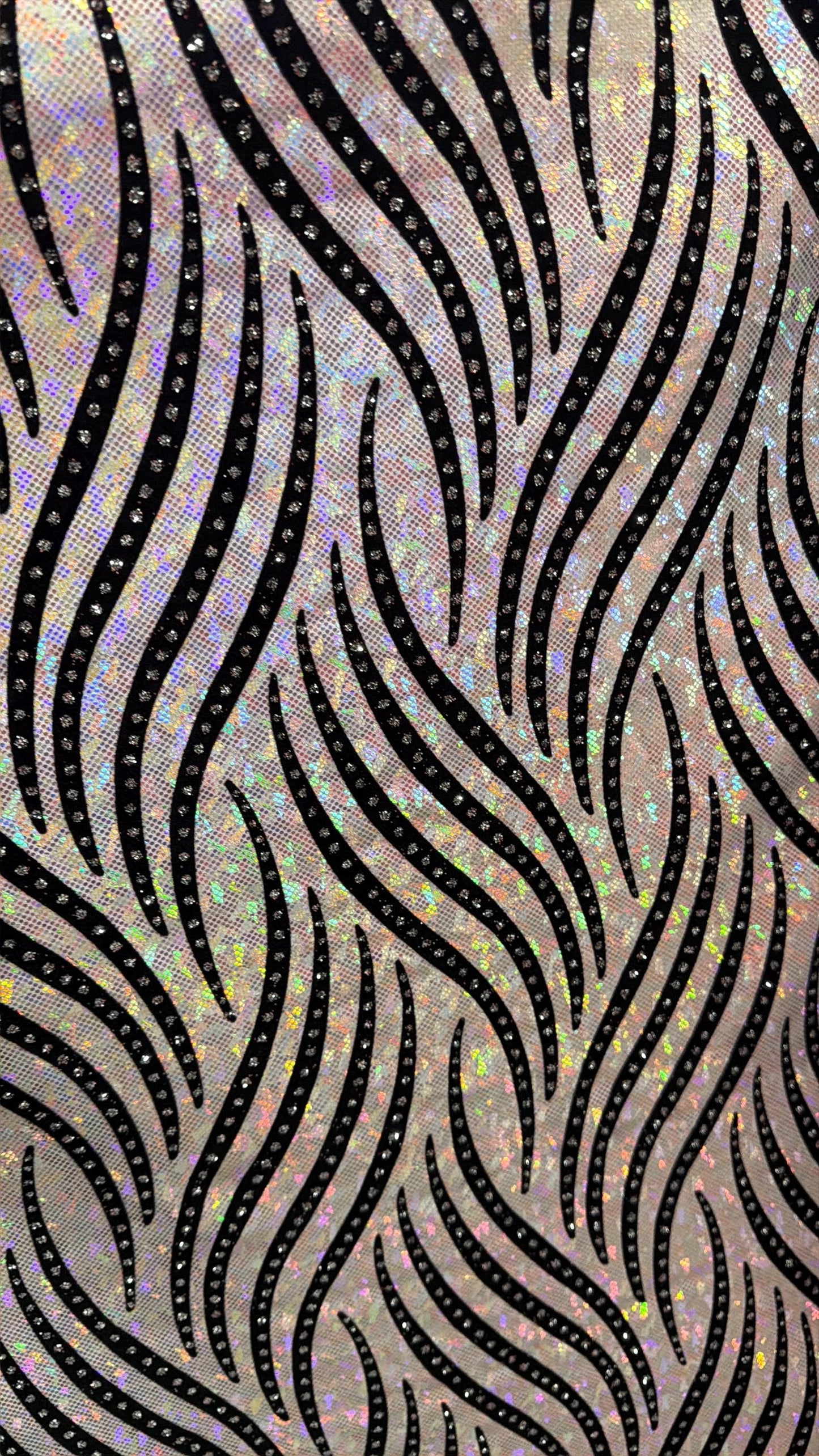 Zebra pattern design hologram shattered glass with flocking metallic nylon spandex 4-stretch58/60”sold by the YD.Ships Worldwide from LA.