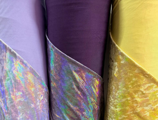 New iridescent foggy foil velvet oil slick 4-way stretch 58/60”sold by the YD. ships worldwide from Los Angeles California USA