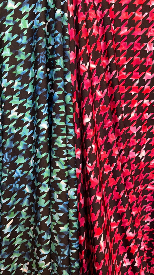 New tie dye houndstooth design print on nylon spandex 4-way stretch 58/60”sold by the YD. ships worldwide from Los Angeles California USA